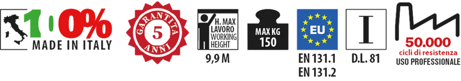 Pittogrammi scala 3C Faraone: Made in Italy, altezza massima 9,9 m, portata 150 kg, 50.000 cicli di resistenza, EN 131.1 e 131.2, D.Lgs. 81.3CM - Scala professionale in alluminio a sfilo a corda in appoggio