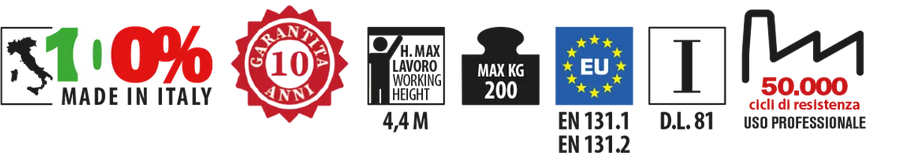 Pittogrammi scala Domus Faraone: Made in Italy, altezza massima 4,4 m, portata 250 kg, 50.000 cicli di resistenza, EN 131.1 e 131.2, D.Lgs. 81.DOMUS – Scala professionale in alluminio a forbice
