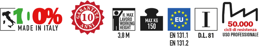 Pittogrammi scala Ladt Faraone: Made in Italy, altezza massima 3,8 m, portata 150 kg, 50.000 cicli di resistenza, EN 131.1 e 131.2, D.Lgs. 81LADY – Scala professionale in alluminio a forbice