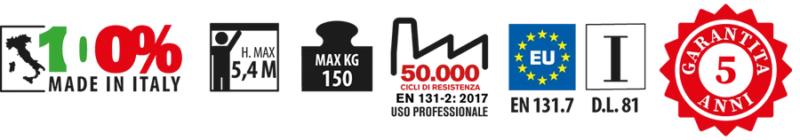 Pittogrammi scala MFTS Faraone: Made in Italy, altezza massima 5,4 m, portata 150 kg, 50.000 cicli di resistenza, EN 131.7, D.Lgs. 81.MFTS – Scala professionale in alluminio a castello