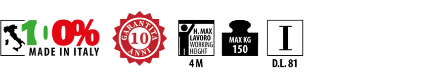 Pittogrammi scala ND Faraone: Made in Italy, altezza massima 4 m, portata 150 kg, D.Lgs. 81.ND – Scala professionale in alluminio a forbice a doppia salita